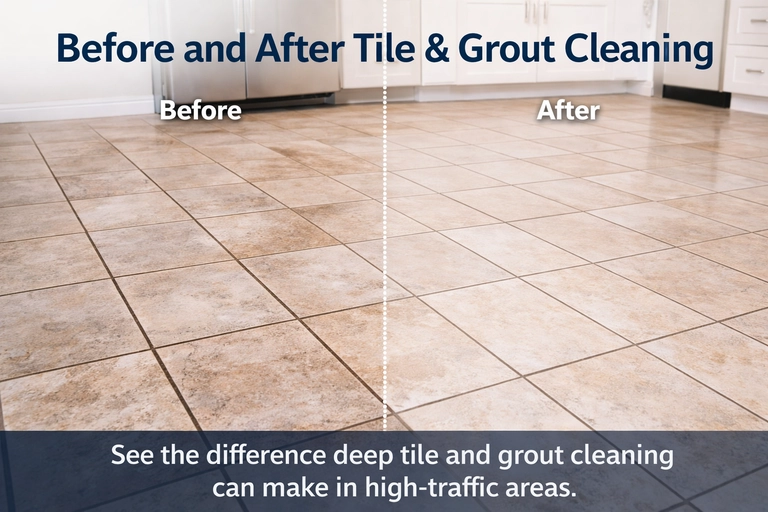 Before and after tile and grout cleaning result in a Chestermere home