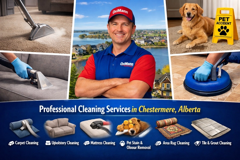 Professional carpet, upholstery, and mattress cleaning services in Chestermere Alberta by OxiMann with pet stain removal and tile grout cleaning