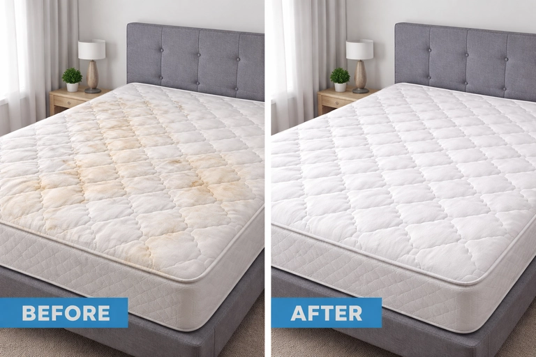 Clean mattress after professional cleaning in Chestermere Alberta with fresh white surface and no visible stains