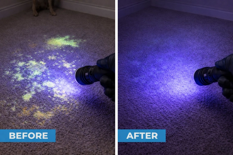 UV light showing pet urine stains on carpet before and after professional pet stain and odour removal in Chestermere Alberta